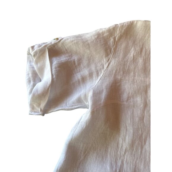 White Italian-Made 100% Linen Button-Up Shirt With Mandarin Collar & Pocket - Picture 3 of 5